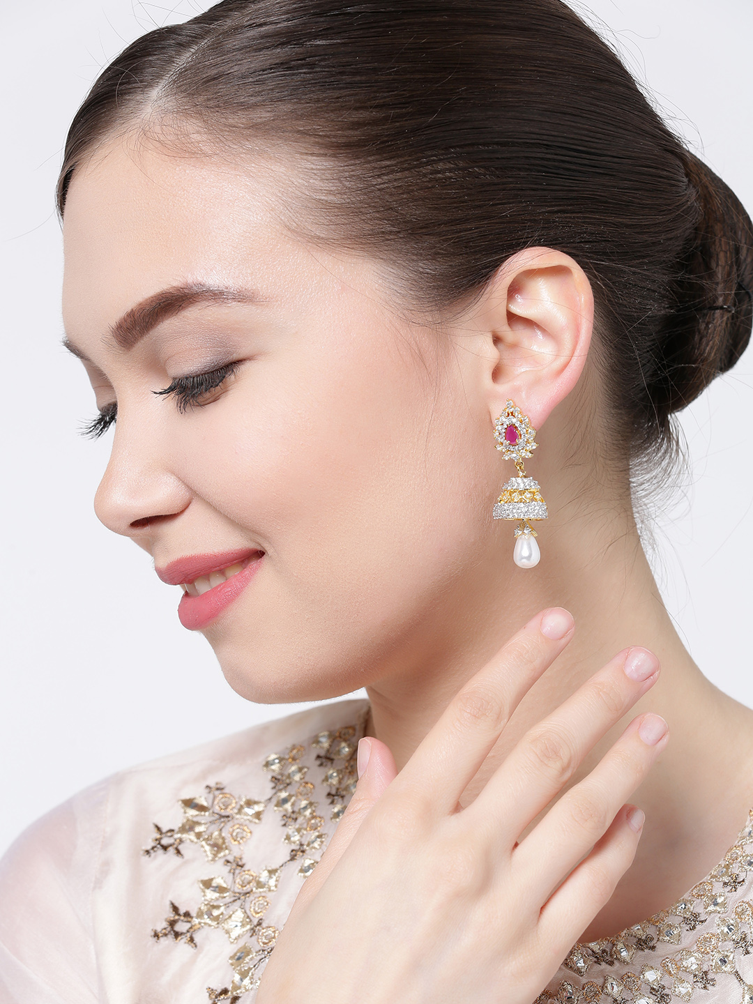 YouBella Silver-Toned  Gold-Toned Dome Shaped Jhumkas